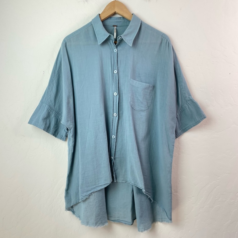 FREE PEOPLE Best of Me Blue Button Front Waterfall Top High-Low Raw Hem Blouse - Picture 2 of 16